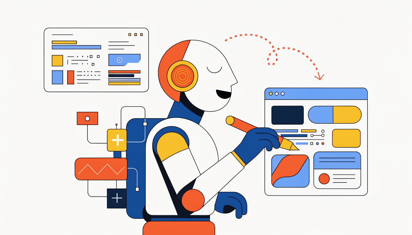 Editorial illustration of an AI coding agent comparing a web app screenshot with a live browser interface, no text in the image
