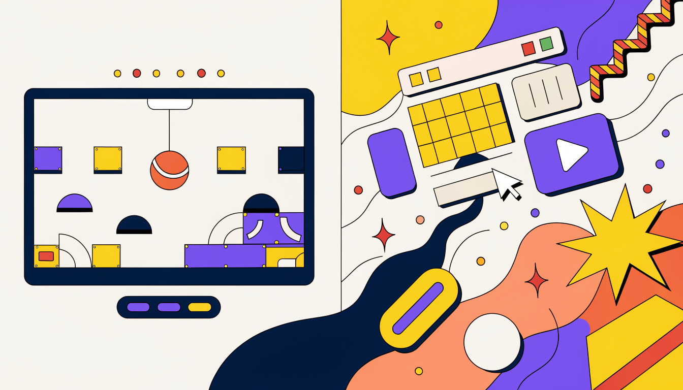 Editorial illustration of a finished small browser game beside a cluttered failed project full of abandoned menus and features