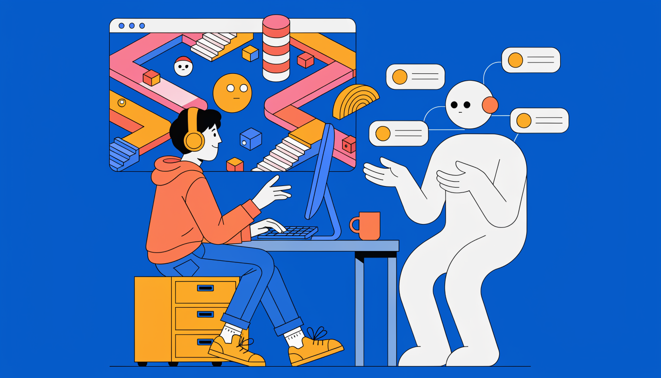 Editorial illustration of a solo developer at a desk directing an AI assistant while a colorful top-down game runs in a browser