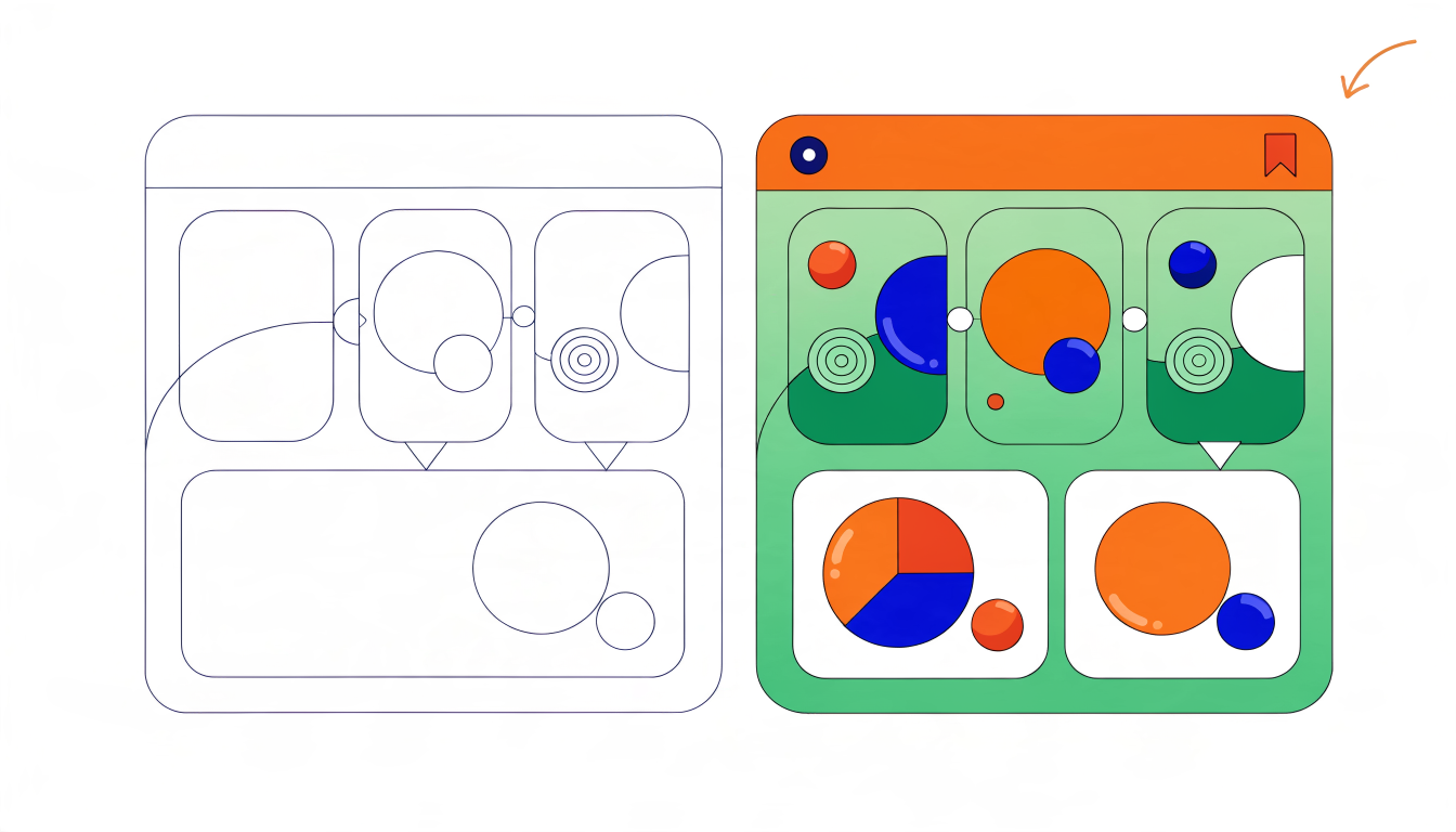 Split-screen illustration showing a simple wireframe sketch on the left transforming into a working web app interface on the right