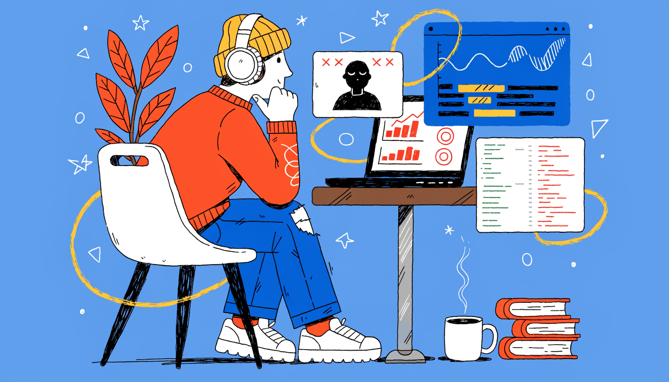 Editorial illustration of a developer reviewing an AI agent’s failed test results beside a terminal and git diff, no text in the image