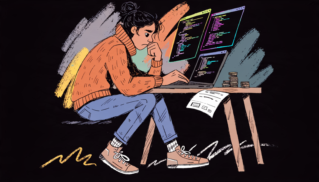 A solo developer at a laptop late at night, terminal windows glowing, with a small stack of coins and a subscription invoice on the desk beside them