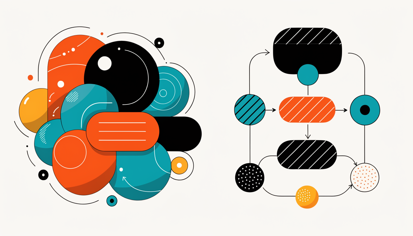Editorial illustration of a natural-language project brief transforming into a clean flow of UI, API, database, and tests, no text in the image