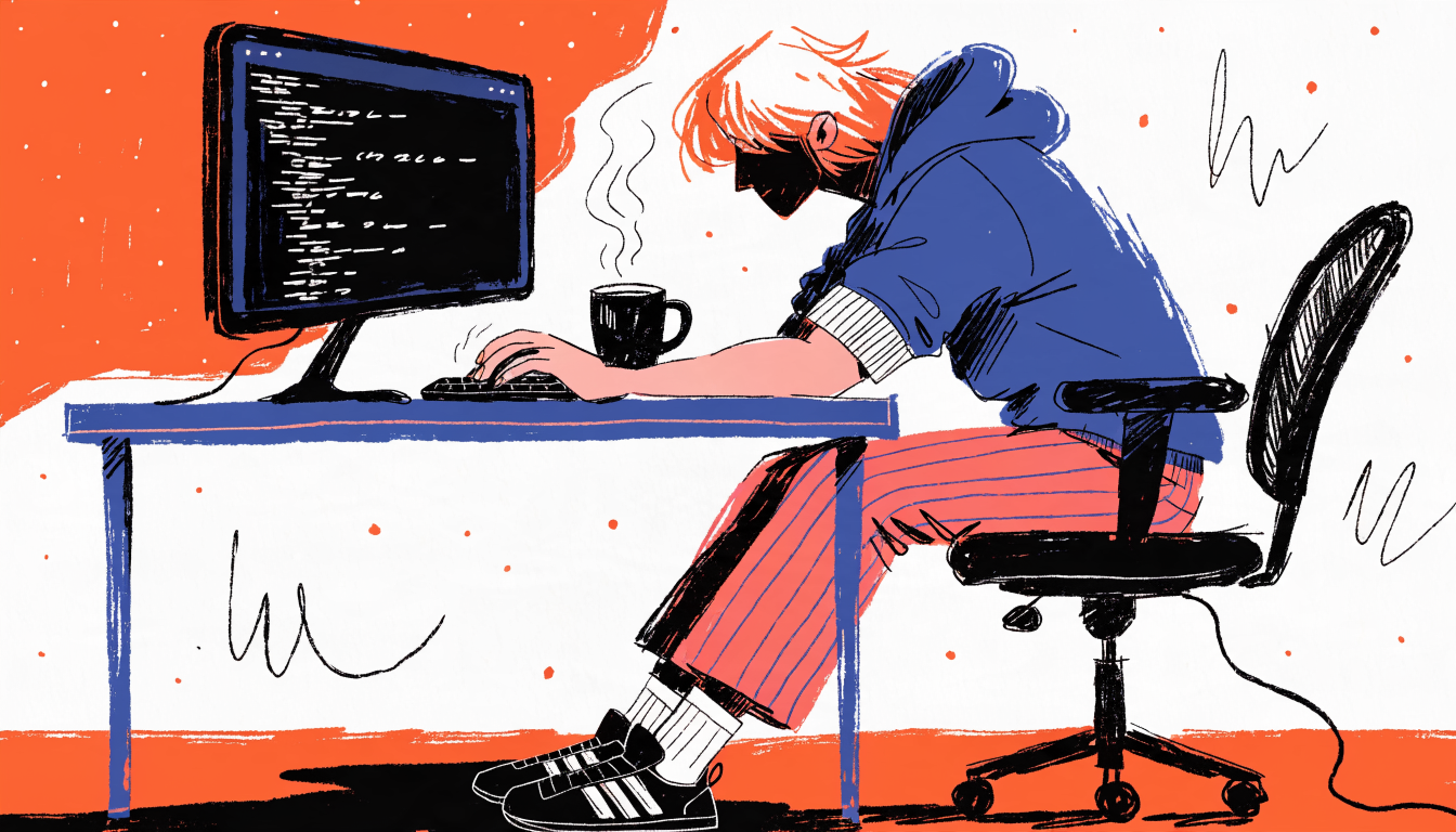 A solo developer at a desk with a terminal window open, code streaming past, a cup of coffee going cold