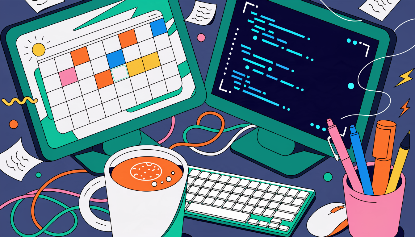 An overhead desk shot showing a calendar app mockup on one monitor and a terminal running an AI agent on another monitor