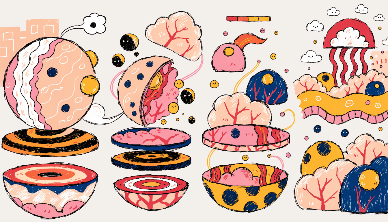 Editorial illustration of a browser game evolving in visible slices, showing movement, collectibles, enemies, and a health bar