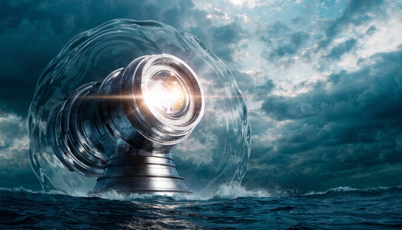 Editorial illustration of Claude Fable 5 as a powerful glowing engine behind a transparent safety filter, no text