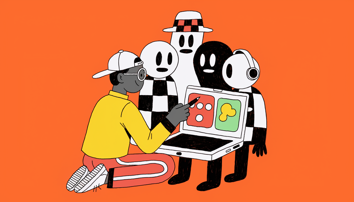 Editorial illustration of a beginner guiding several AI coding agents around a small app on a laptop, no text